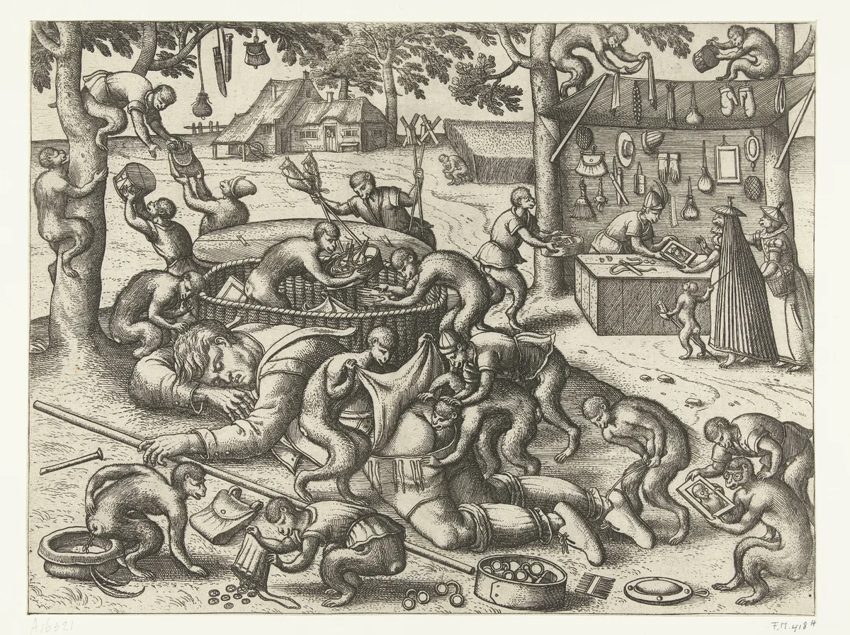 Slapende marskramer beroofd door apen by Pieter van der Borcht, print, 1562-1608