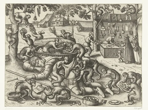 Slapende marskramer beroofd door apen by Pieter van der Borcht, print, 1562-1608
