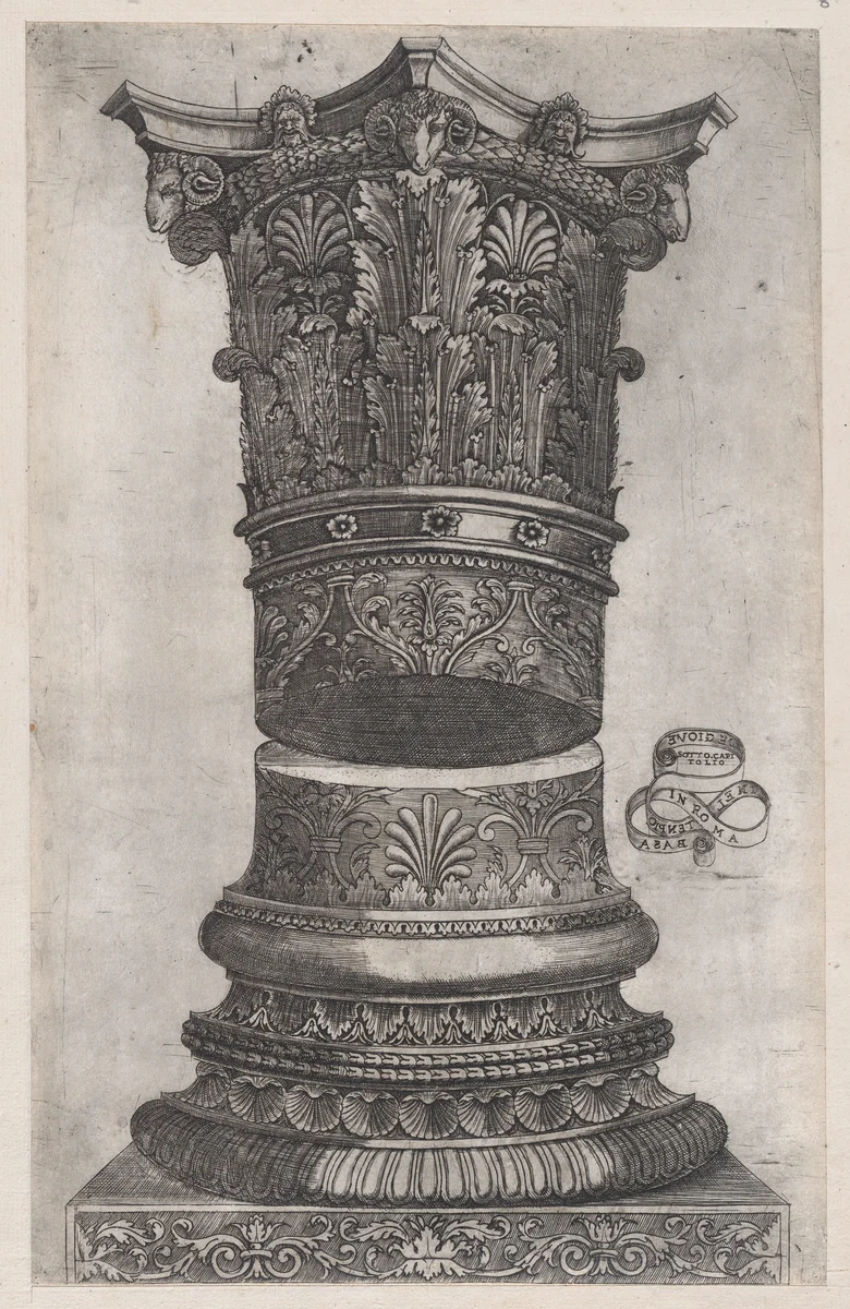 Decorated capital and base in the Temple of Jupiter, Rome, from "Speculum Romanae Magnificentiae" by Monogrammist G.A. with the Caltrop, print, 1540
