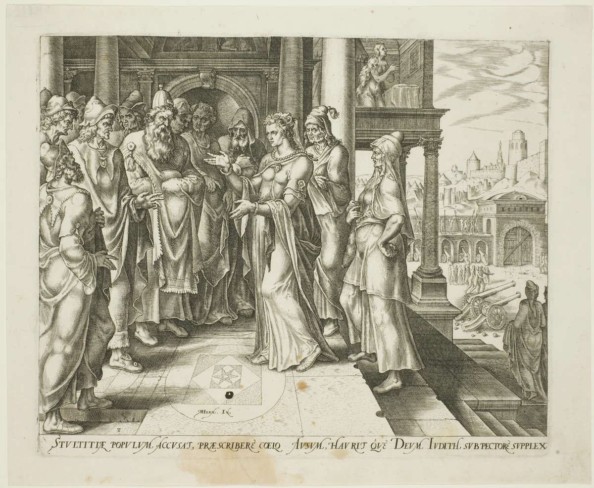 Judith Addressing the Elders of Bethulia, plate three from The Story of Judith and Holofernes by Philip Galle, print, 1564