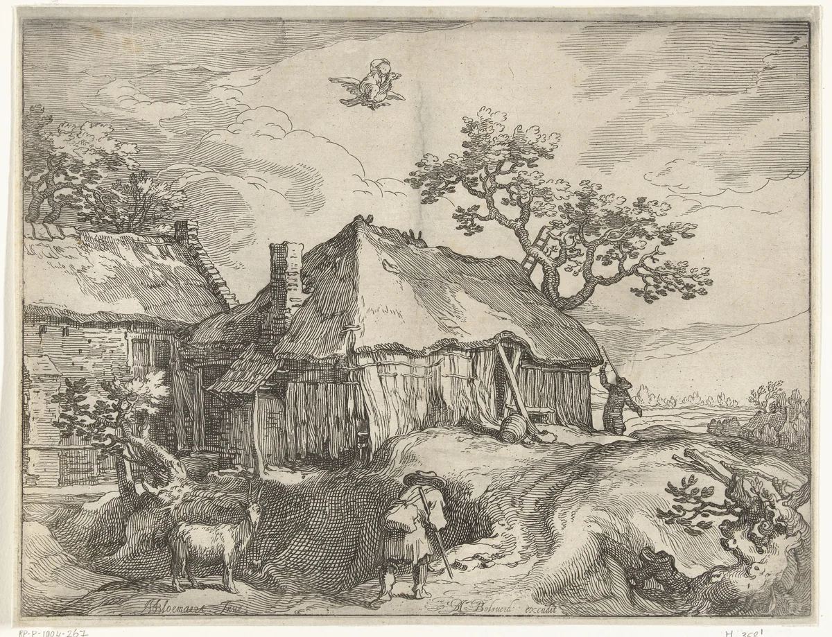 Landschap met boerderij en roof van Ganymedes by Boëtius Adamsz. Bolswert, print, 1612-1614