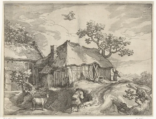 Landschap met boerderij en roof van Ganymedes by Boëtius Adamsz. Bolswert, print, 1612-1614