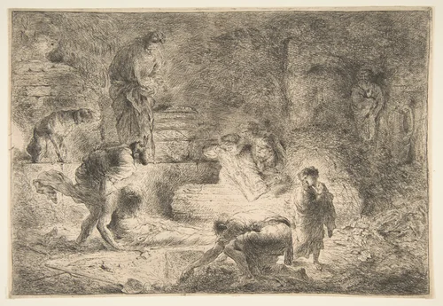 Tobit burying the Dead by Giovanni Benedetto Castiglione, print, 1642-1652