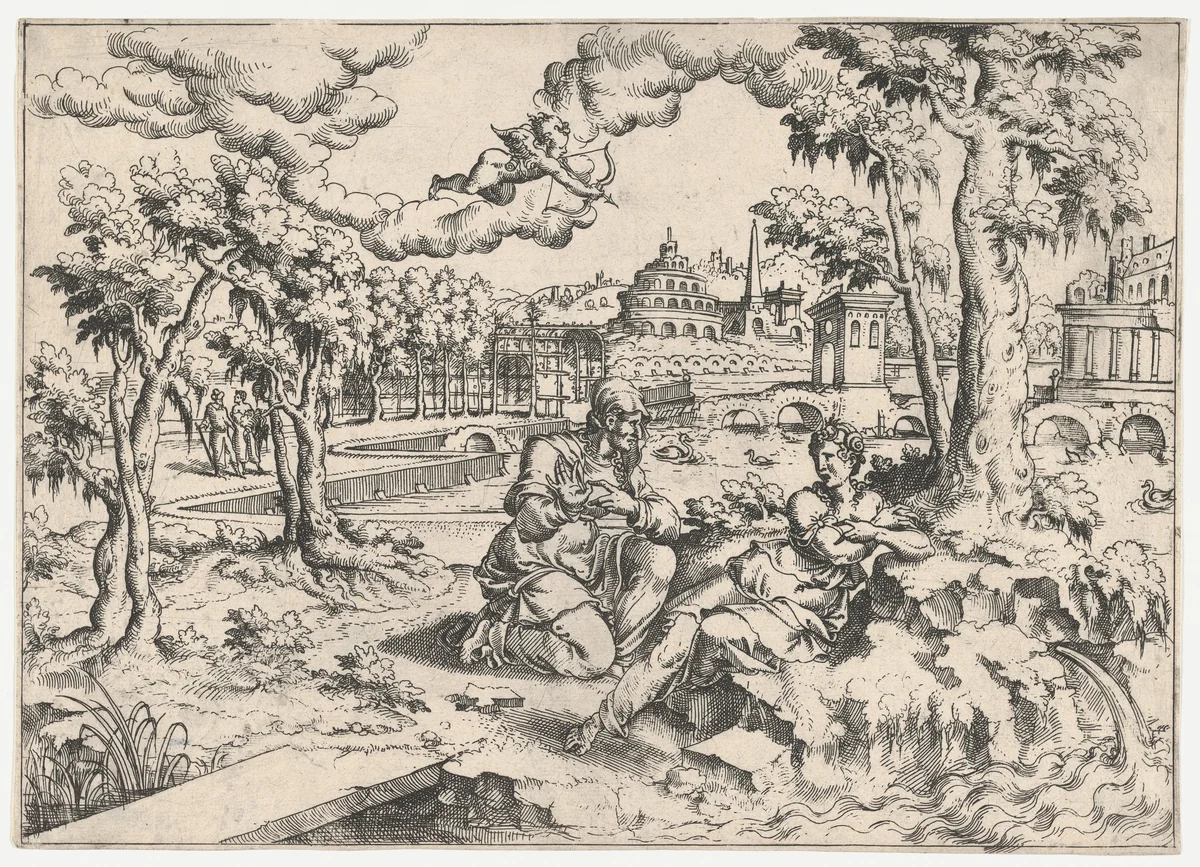 Vertumnus and Pomona by anonymous, print, 1545-1555
