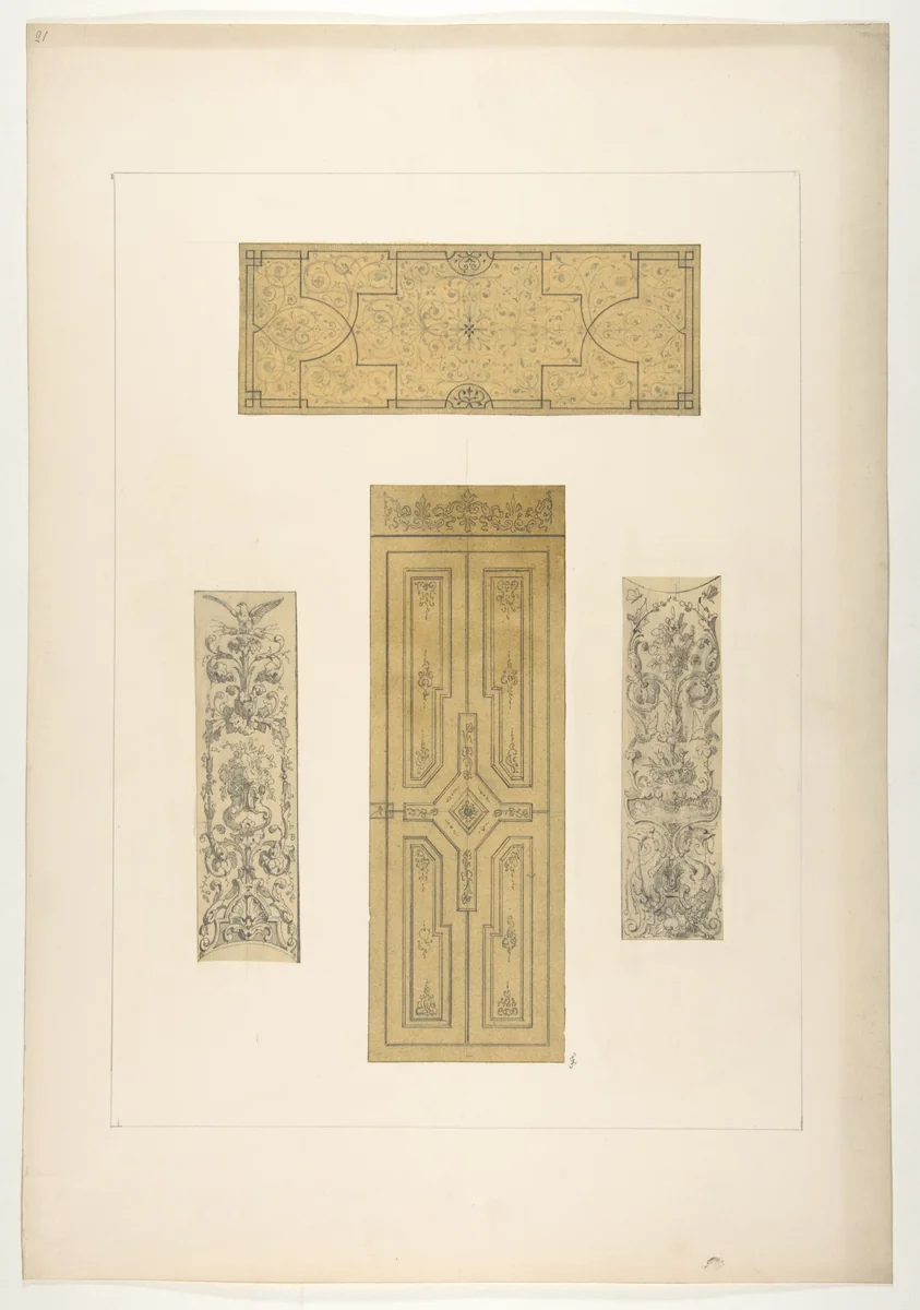 Four designs for decorative panels by Jules-Edmond-Charles Lachaise, drawing, 1830-1897
