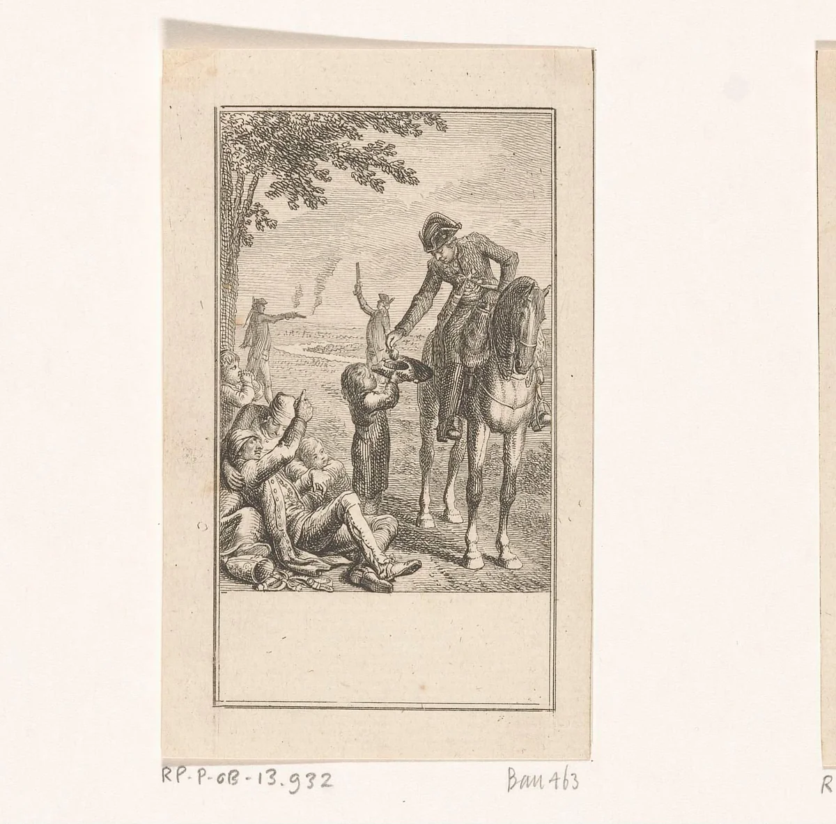 Ruiter geeft een arme jongen geld by Daniel Nikolaus Chodowiecki, print, 1778
