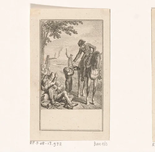 Ruiter geeft een arme jongen geld by Daniel Nikolaus Chodowiecki, print, 1778