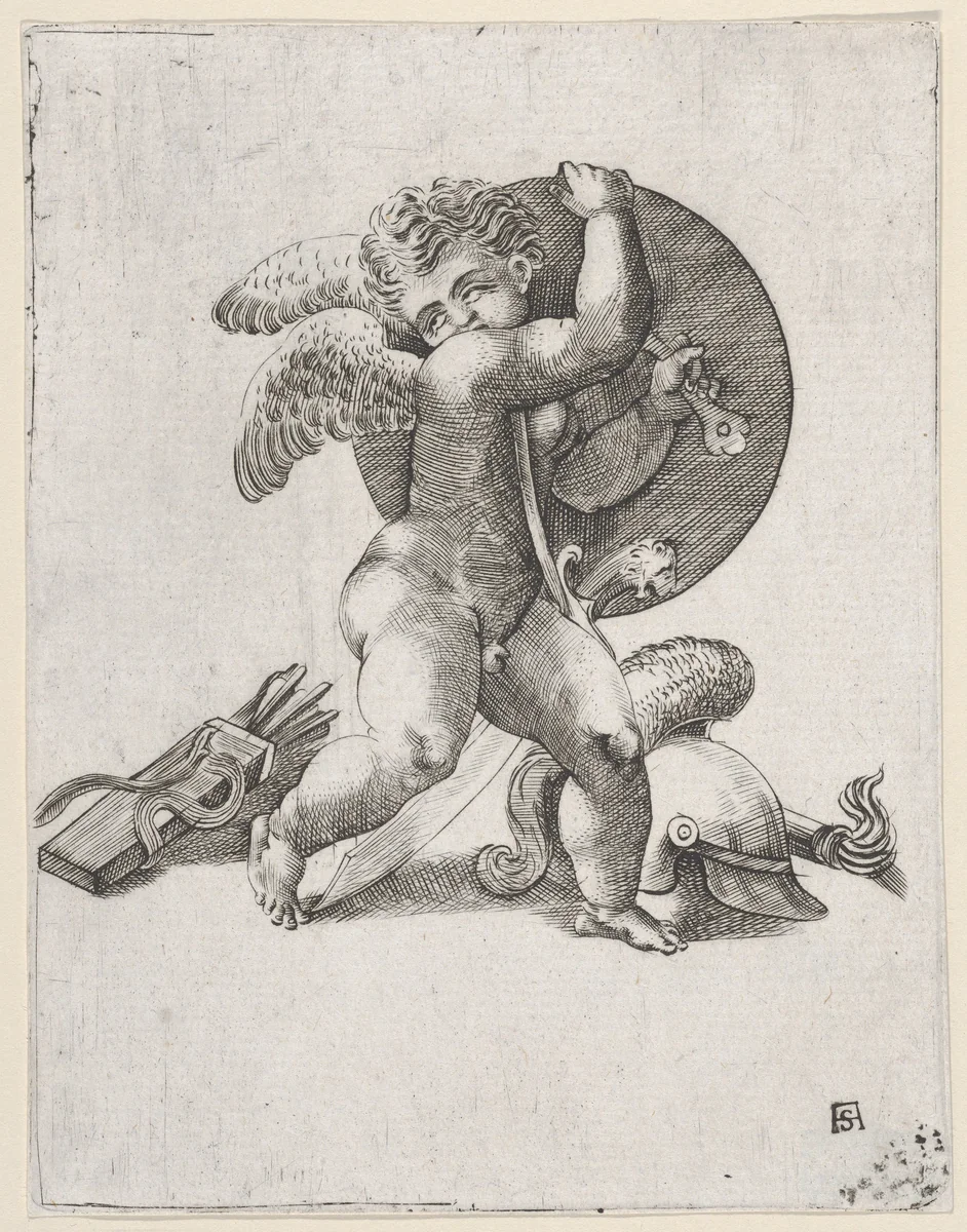 Cupid with Weapons of Mars by Adamo Scultori, print, 1542-1567