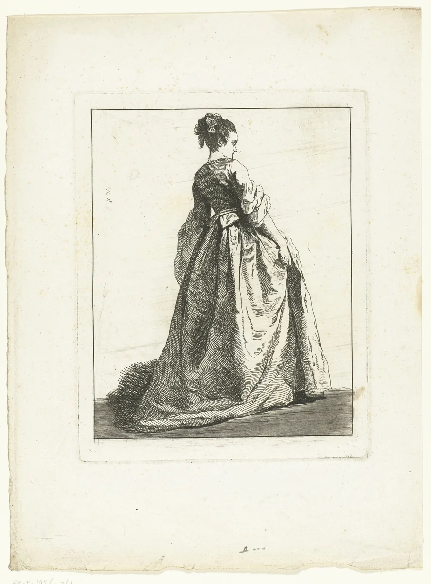 Jonge vrouw op de rug gezien by Michel Barthélémy Ollivier, print, 1722-1784
