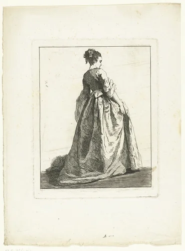 Jonge vrouw op de rug gezien by Michel Barthélémy Ollivier, print, 1722-1784