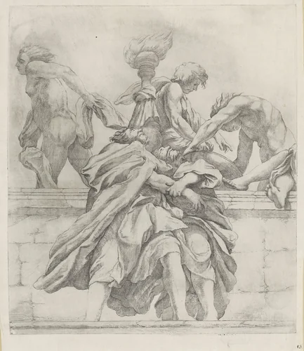 Twee elkaar omhelzende apostelen en drie engelen by Giovanni Battista Vanni, print, 1609-1660