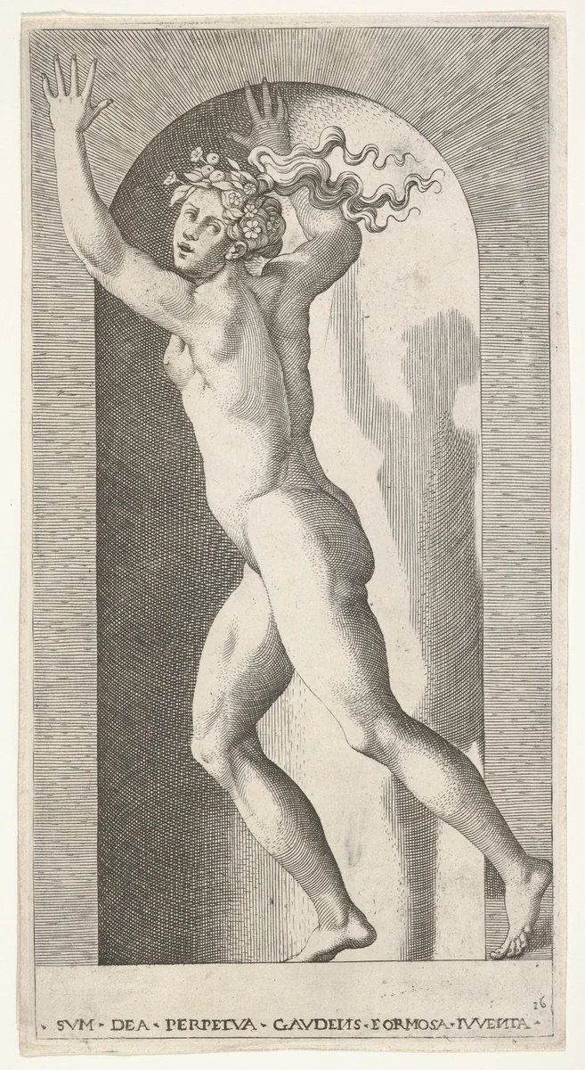Plate 16: Hebe in a niche with her hands in the air, running to the left while looking to the right, from a series of mythological gods and goddesses by Giovanni Jacopo Caraglio, print, 1526