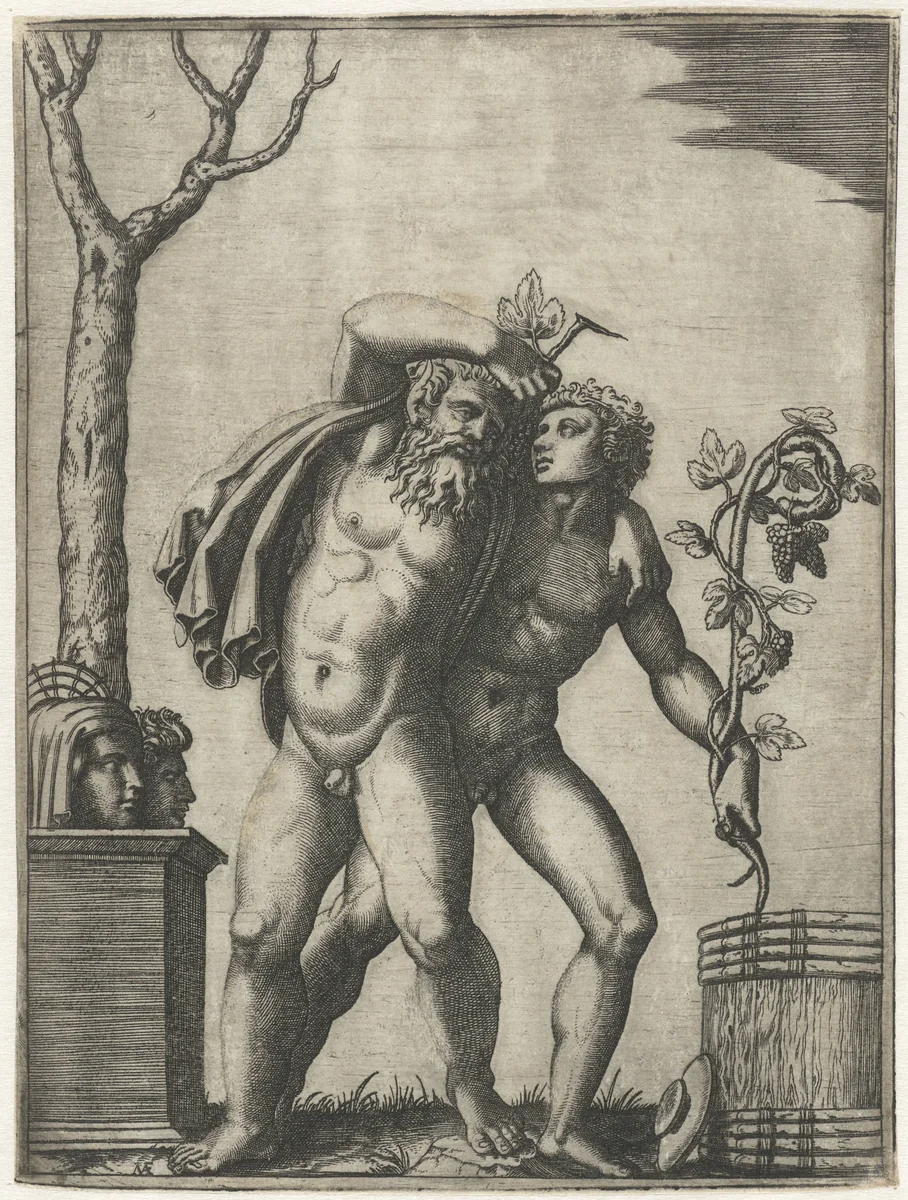 Silenus ondersteund door een jonge bacchant by Unknown, print, 1520-1525