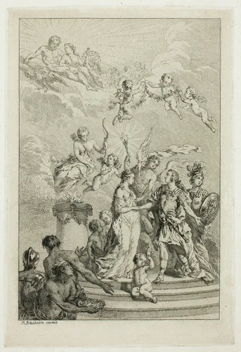 Allegory of the Marriage of the Dauphin Louis to the Infanta Maria Theresa of Spain by Pierre-Antoine Baudouin, print, 1743-1769