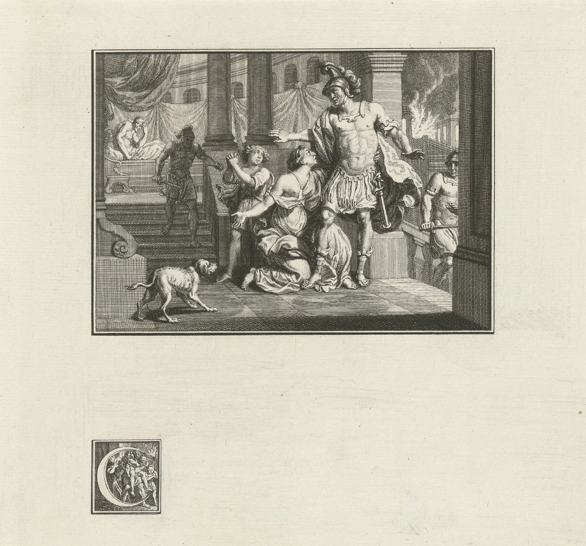 Aeneas vlucht uit het brandende Troje by Jacob Folkema, print, 1702-1767