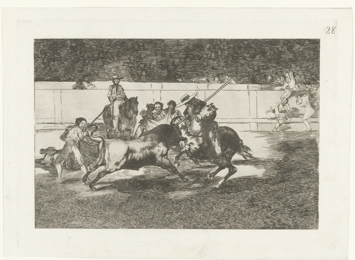 Rendon steekt zijn lans in een stier by Francisco de Goya, print, 1811-1816