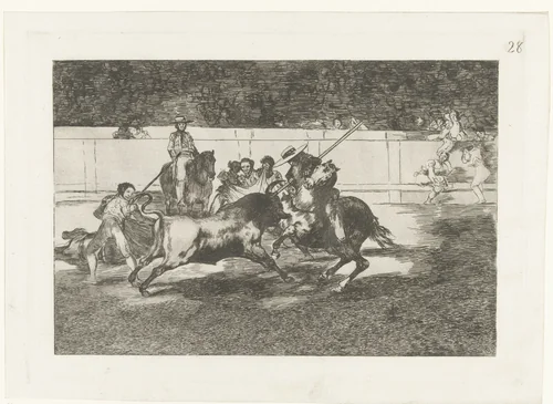 Rendon steekt zijn lans in een stier by Francisco de Goya, print, 1811-1816