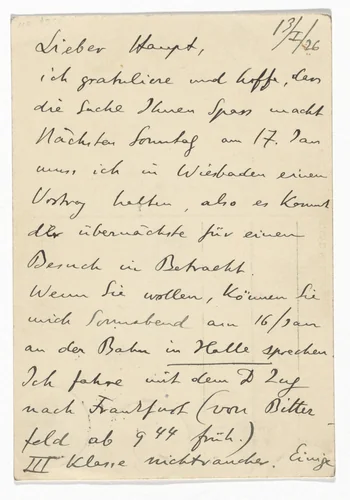 Handwritten postcard to K. H. Haupt by László Moholy-Nagy, design, 1926