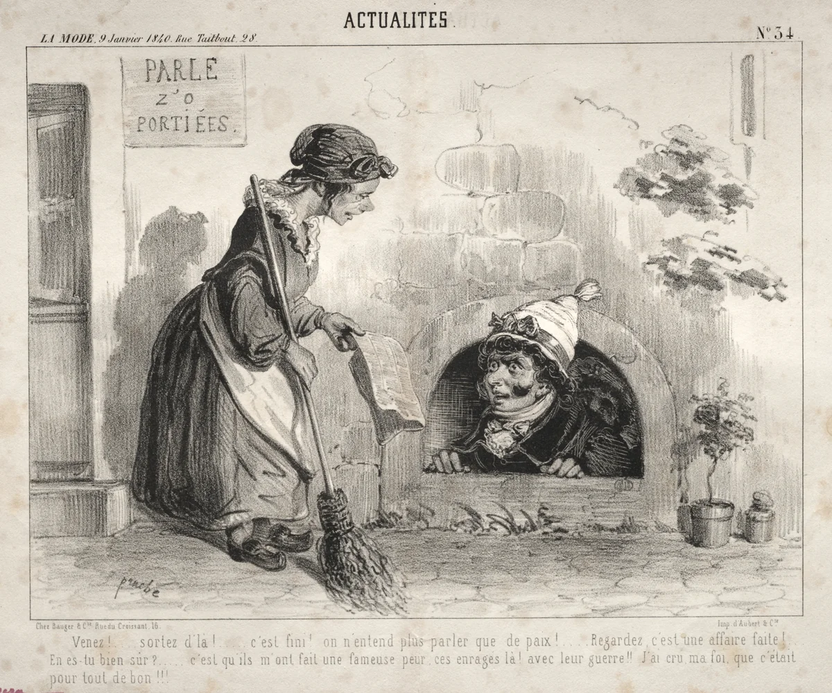 Actualités: Venez! ...sortez d'la! ... c'est fini! on n'entend plus parler que de paix!... by Clémente Pruche, print, 1839-1841