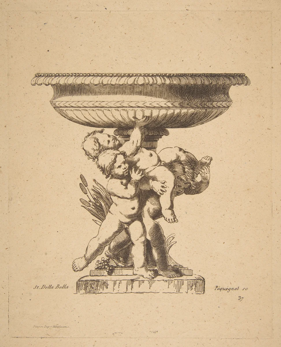Ornamental design of three children holding up a fountain by Auguste Pequegnot, print, 1819-1878