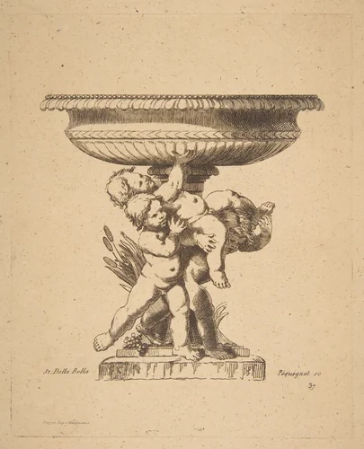 Ornamental design of three children holding up a fountain by Auguste Pequegnot, print, 1819-1878