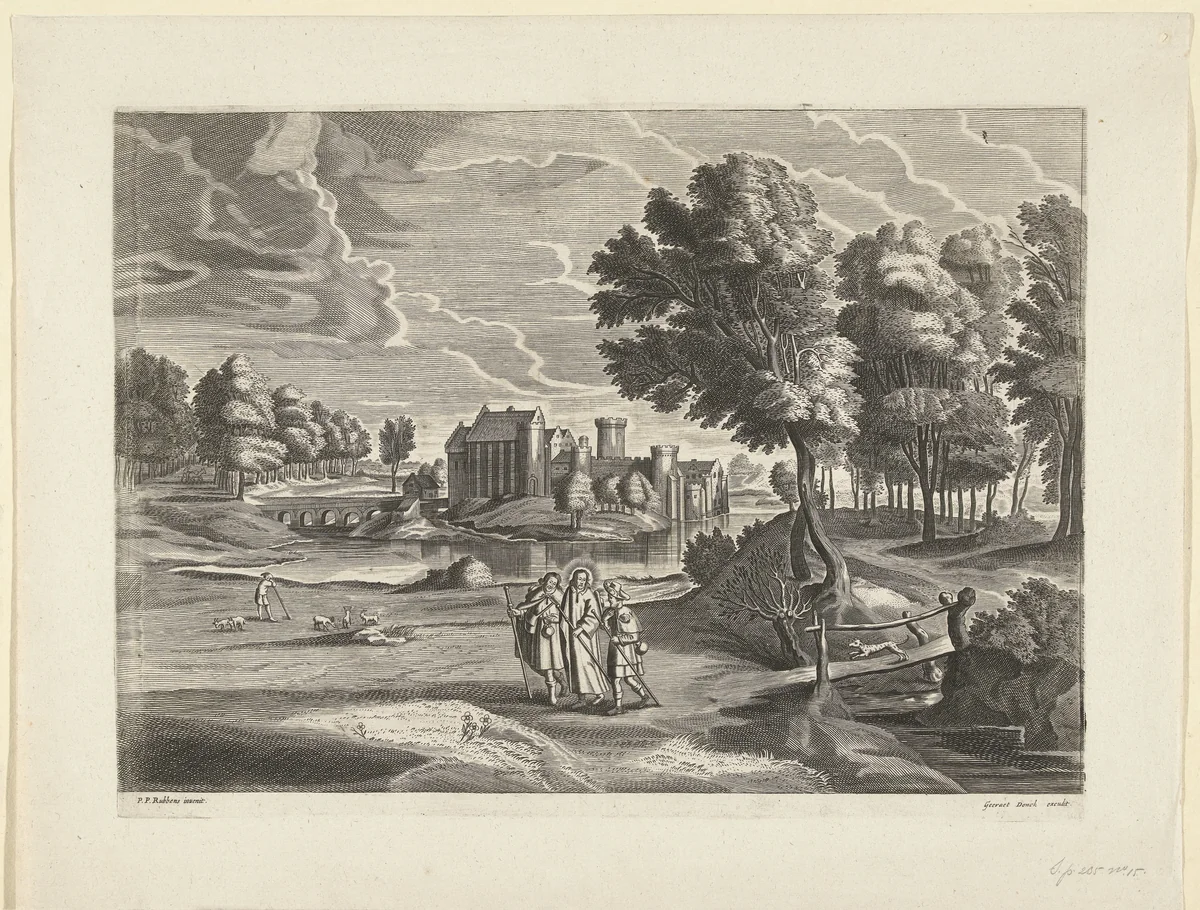 Landschap met kasteel en Emmaüsgangers by anonymous, print, 1596-1709