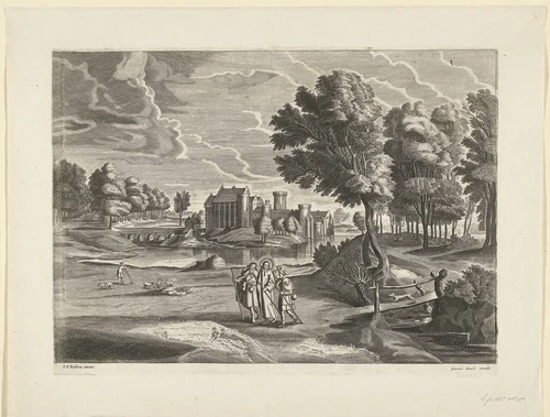 Landschap met kasteel en Emmaüsgangers by anonymous, print, 1596-1709