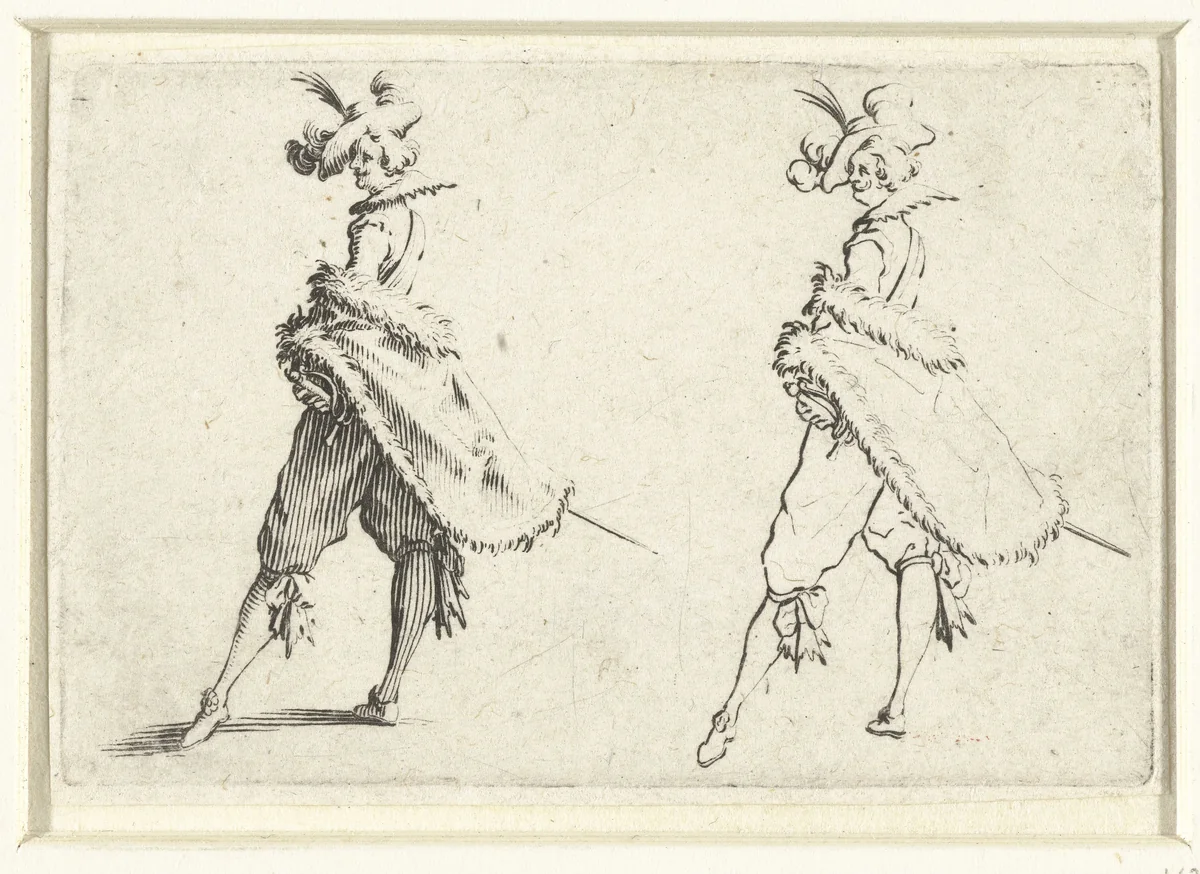 Tweemaal dezelfde man met bontmantel en zwaard, op de linkerzijde gezien by Jacques Callot, print, 1621