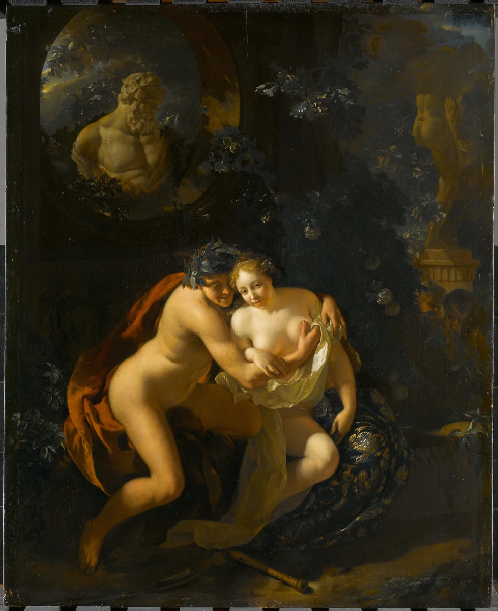 A Couple Making Love in a Park Spied on by Children by Adriaen van der Werff, painting, 1694