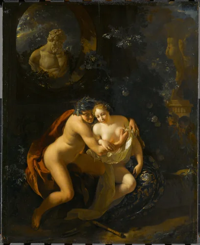 A Couple Making Love in a Park Spied on by Children by Adriaen van der Werff, painting, 1694