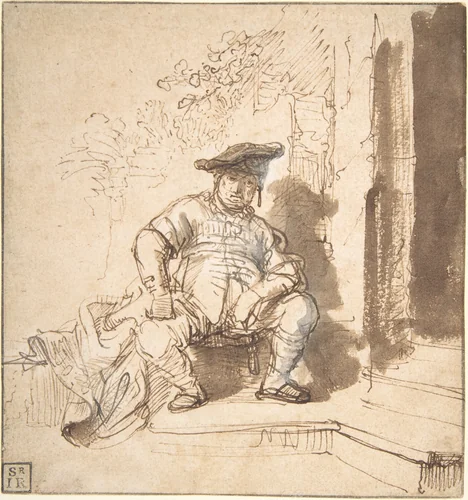 Seated Man Wearing a Flat Cap by Rembrandt van Rijn, drawing, 1635-1640