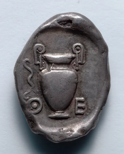 Stater: Volute Krater, Bow, within Incuse Circle (reverse) by Unknown, metalwork, -395--387
