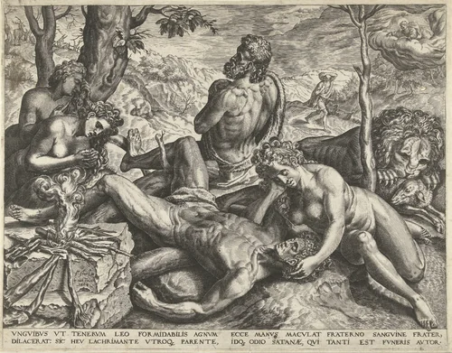 Adam en Eva bewenen de dode Abel by Cornelis Cort, print, 1561