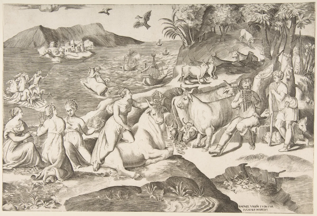 The Rape of Europa by Giulio Bonasone, print, 1546