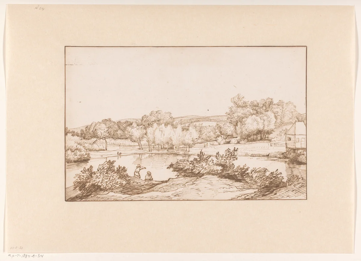 Gezicht op een vijver by Jacob Esselens, drawing, 1636-1687
