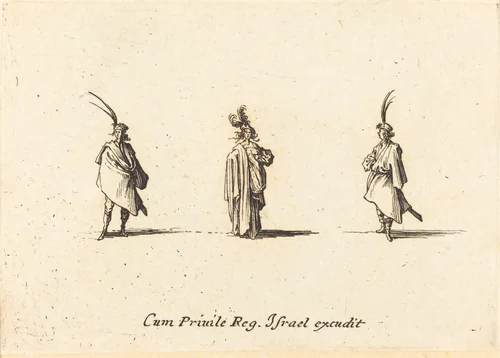 Lady in Long Cloak, and Two Gentlemen by Jacques Callot, print, 1628-1638