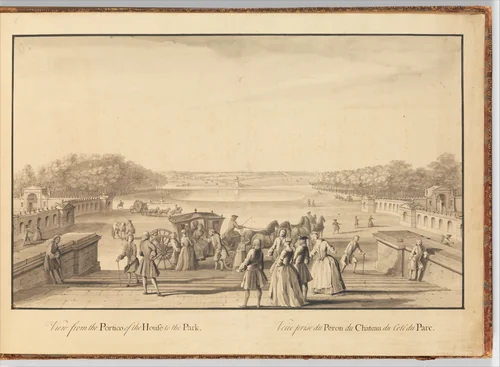 View from the Portico of the House to the Park at Stowe, Buckinghamshire by Jacques Rigaud, drawing, 1733-1734
