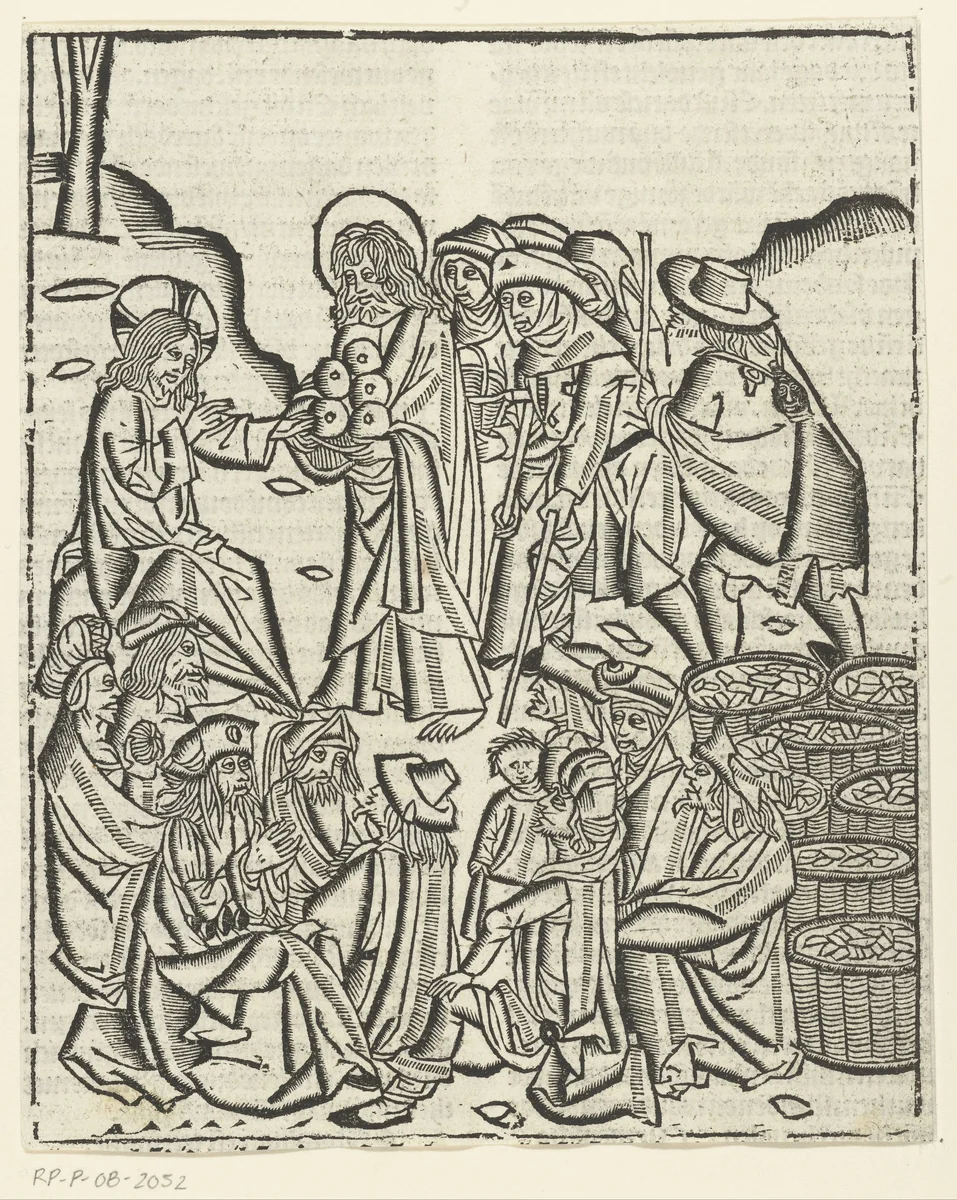 Wonderbaarlijke vermenigvuldiging van broden en vis by Unknown, print, 1480-1500