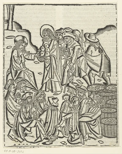 Wonderbaarlijke vermenigvuldiging van broden en vis by Unknown, print, 1480-1500