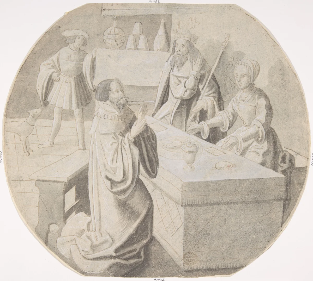 The King and Haman at Esther's Banquet of Wine by Pseudo-Aert Ortkens, drawing, 1500-1540