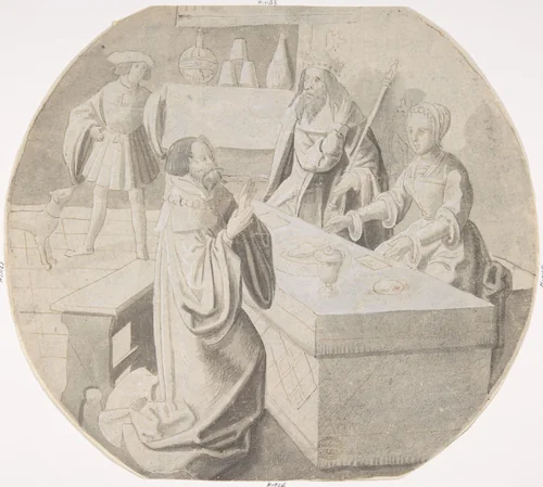 The King and Haman at Esther's Banquet of Wine by Pseudo-Aert Ortkens, drawing, 1500-1540