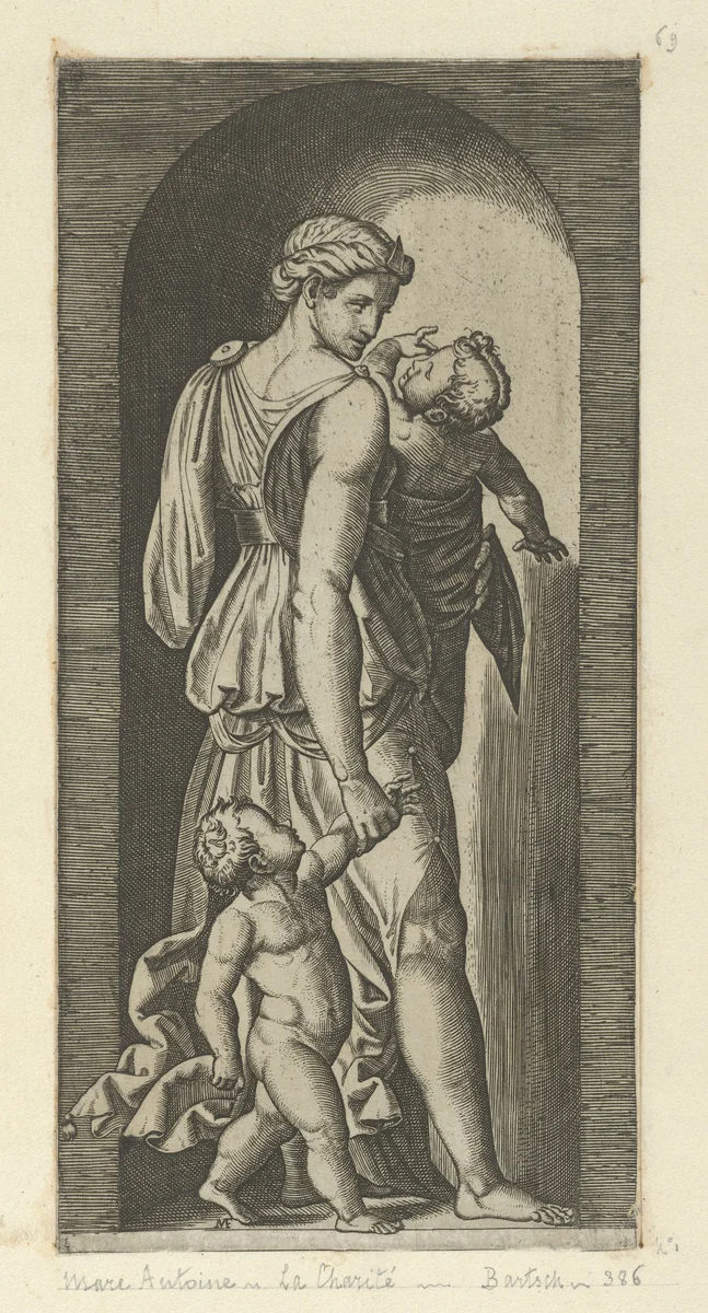 Charity personified by a woman with two childen, from "The Virtues" by Marcantonio Raimondi, print, 1510-1520