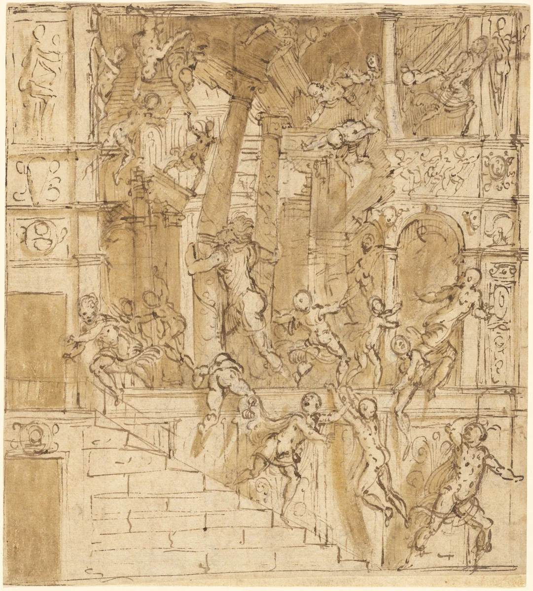 Samson Destroying the Temple by Lattanzio Gambara, drawing, 1550-1559
