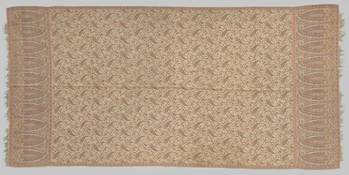 Langwerpige kasmiersjaal met crèmekleurige spiegel waarop strooimotief van veelkleurige bota's, omlijst door dito randen by anonymous, textile, 1825-1835