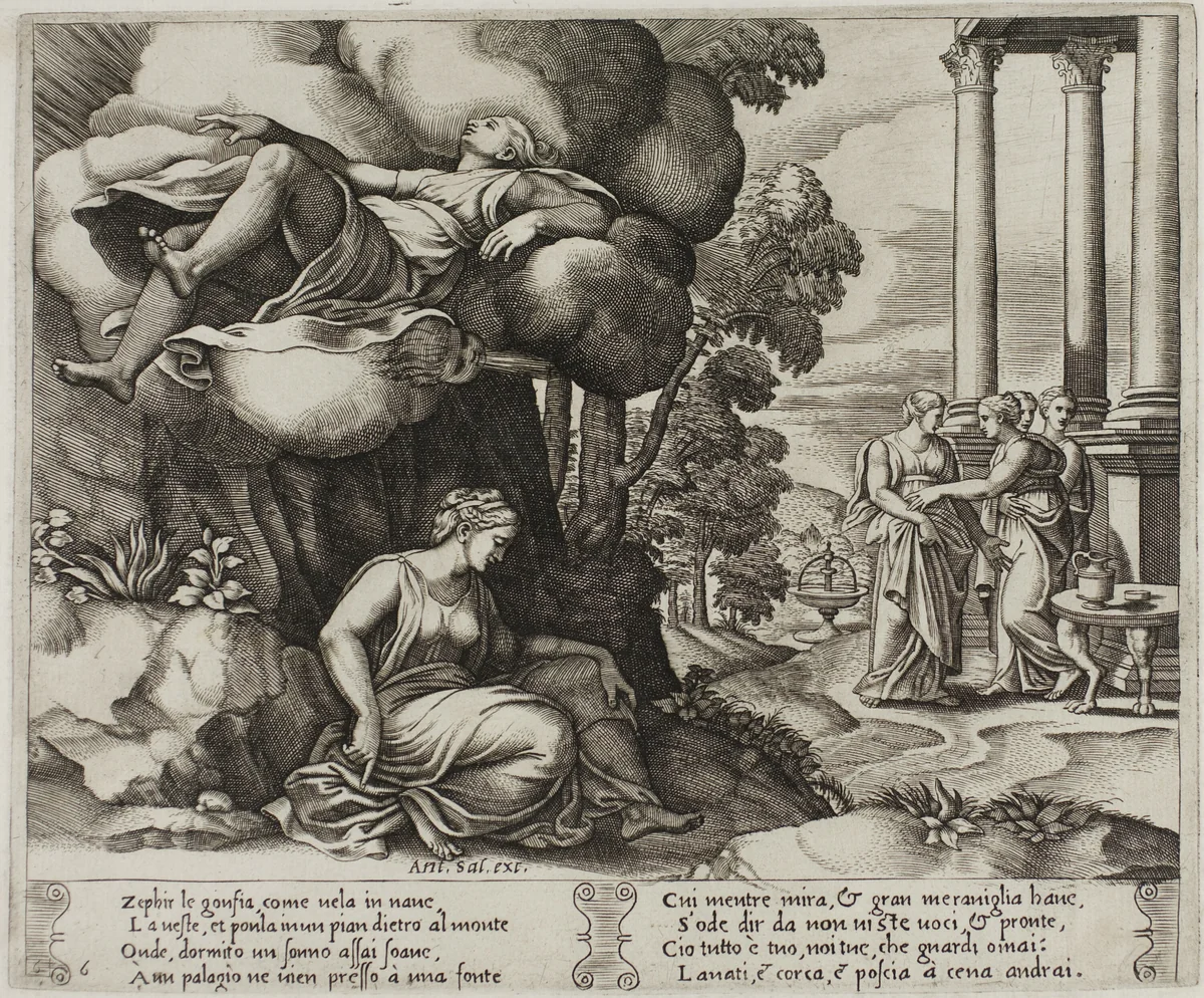 Zephyr Carrying Psyche Off to an Enchanted Palace by Raffaello Sanzio, print, 1530-1540