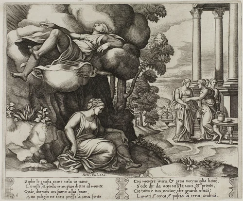 Zephyr Carrying Psyche Off to an Enchanted Palace by Raffaello Sanzio, print, 1530-1540