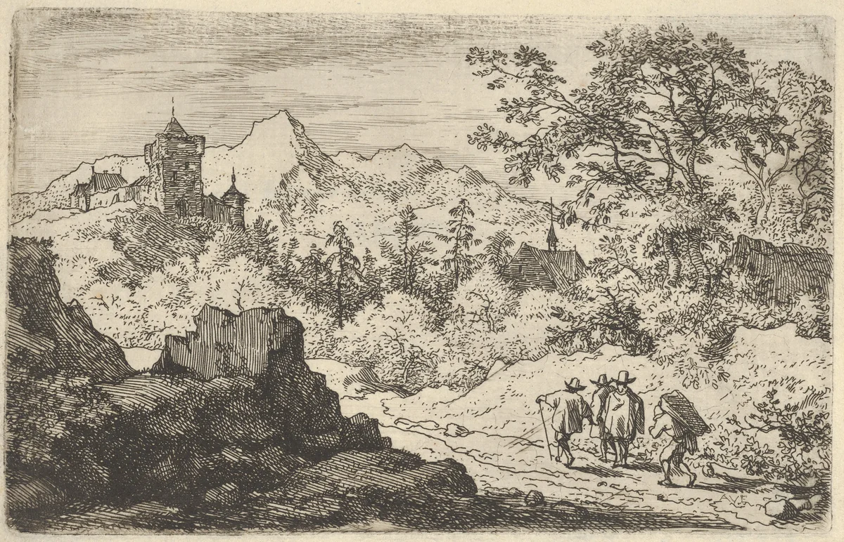 The Three Men and the Porter by Allart van Everdingen, print, 1621-1675