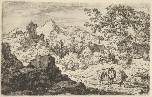 The Three Men and the Porter by Allart van Everdingen, print, 1621-1675