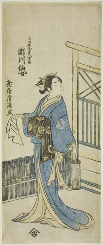 The Actor Segawa Senjo (Kikunojo III) as the wife of Amakawaya Gihei in the play "Kanadehon Chushingura," performed at the Nakamura Theater in the fifth month, 1776 by Torii Kiyomitsu I, print, 1776