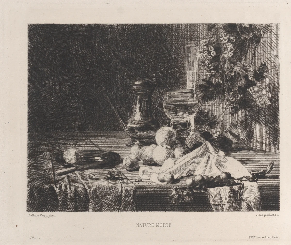 Nature Morte, after Abraham van Calraet by Jules Ferdinand Jacquemart, print, 1873